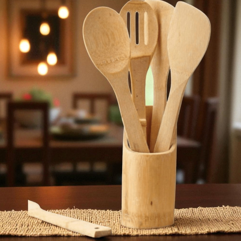 Kit 5 Peças Utensílios Em Bambu Conjunto Colher De Pau para Cozinha (4 Talheres com Suporte) em Oferta na Shopee