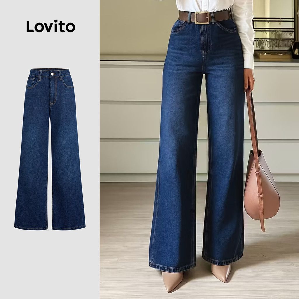Lovito  Jeans Elegantes Lavados Primavera/verão Azul para Mulheres L172ED1506 em Oferta na Shopee