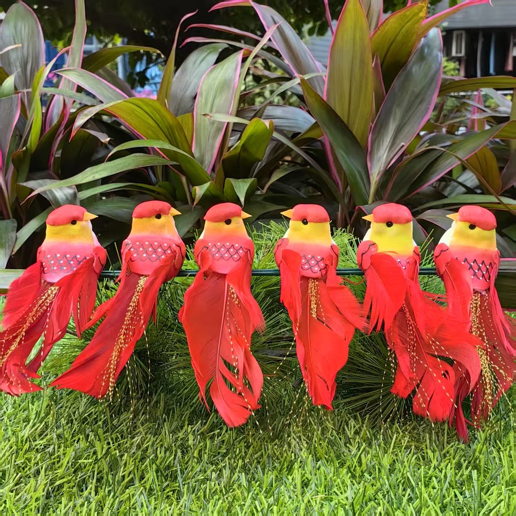 Decoração pátio simulação adereços decoração bonito pássaro dourado jardim de infância decoração pena K4P2
