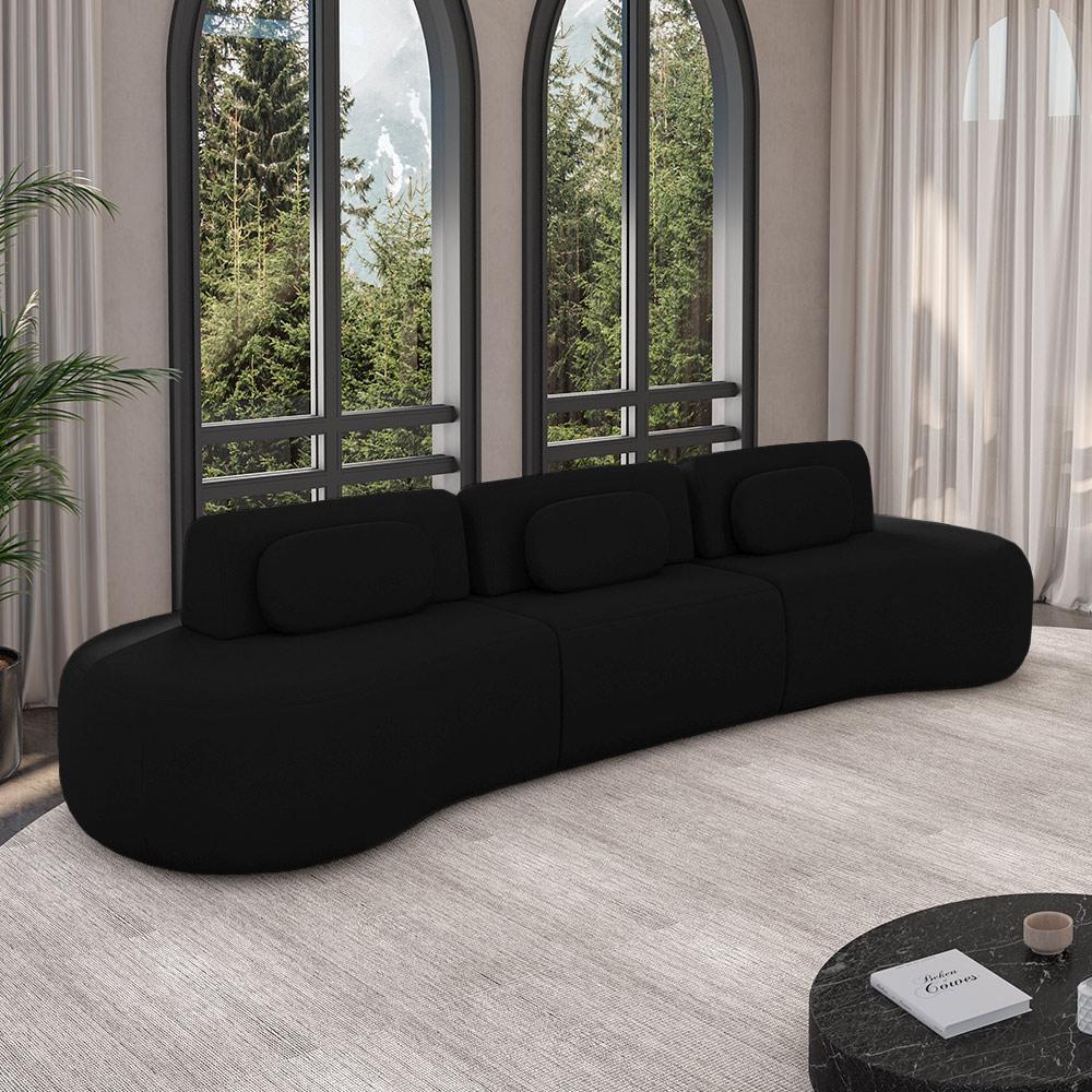 Imagem Sofá Sala de Estar Modulado França 326cm Encosto Articulável com Almofadas Veludo Preto G45 - Gran Belo