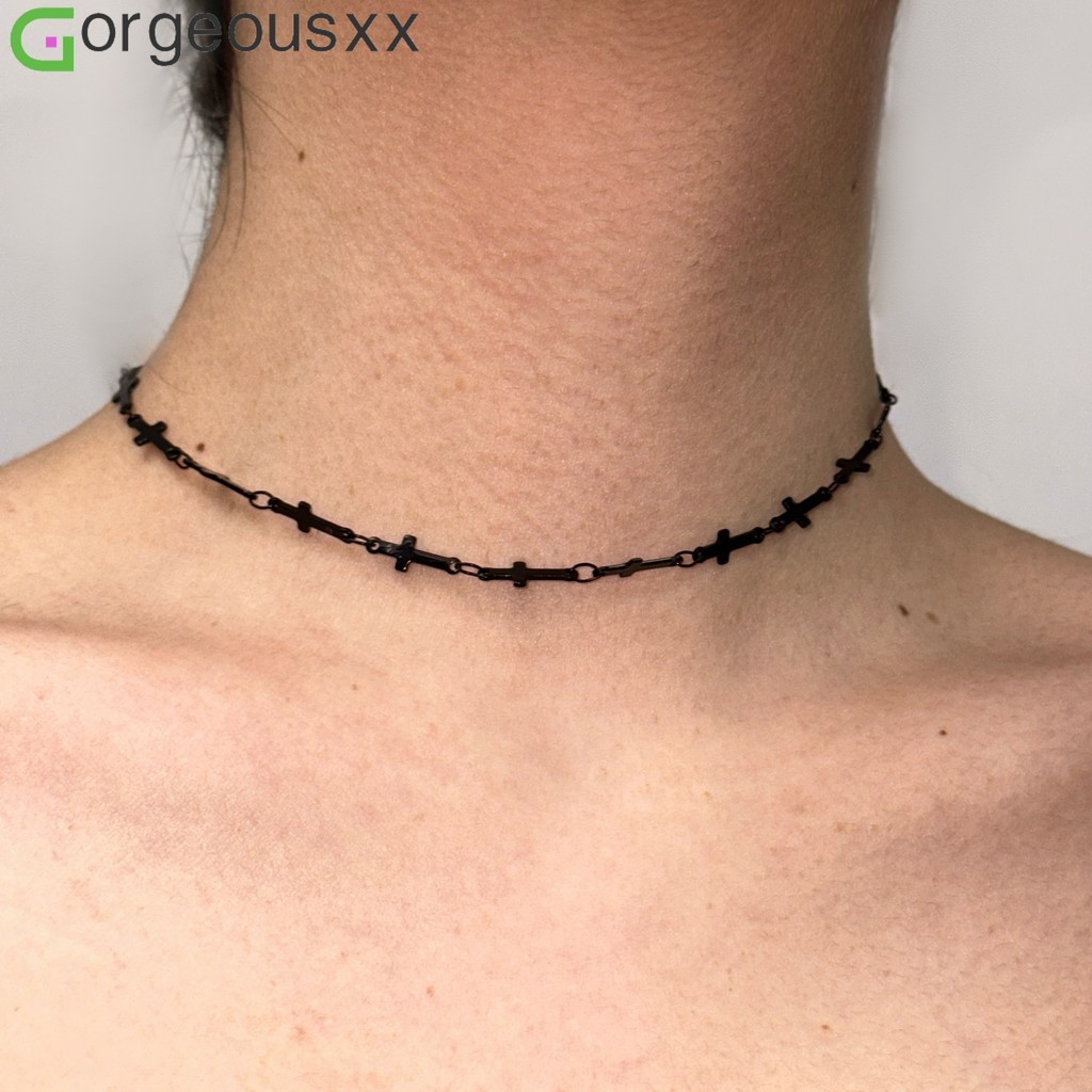 [Gorgeousxx] Gargantilha Simples Vintage Preta Com Corrente Cruzada Para Mulheres , Colares Góticos De Hip Hop , Joias Y