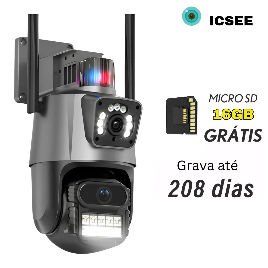 Camera Segurança Externa Lente Dupla 4k 6mp Sirene Policial, com sirene policia + MICROSD 16GB