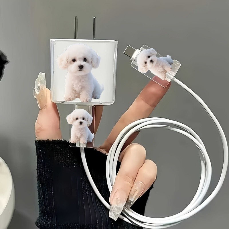 3 Pçs Bonito Branco Cão Conjunto Carregador Caso Protetor Para iPhone 20W/18W Adorável Animal De Estimação Cabeça Carreg