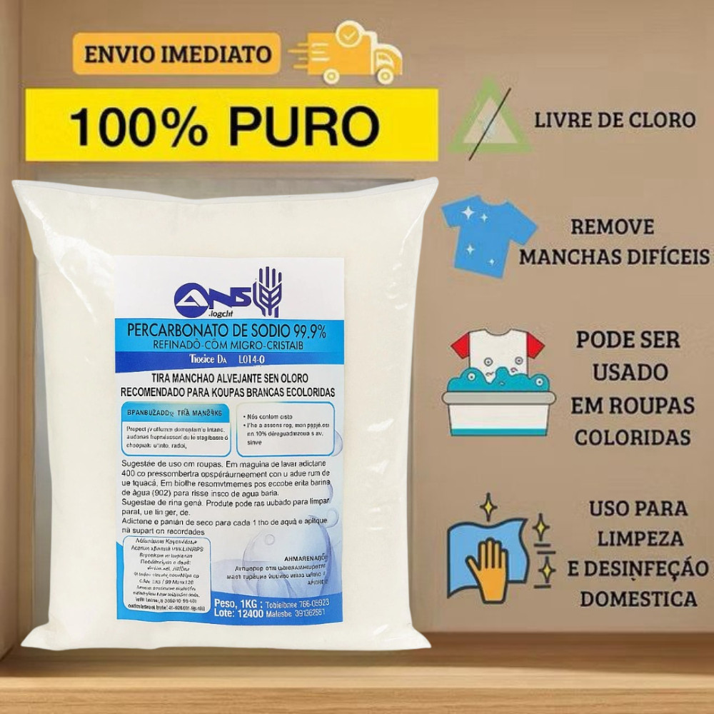 Percarbonato de Sódio 100% Puro Limpeza Em Geral Tira Manchas Roupas Brancas 1kg/2kg em Oferta na Shopee