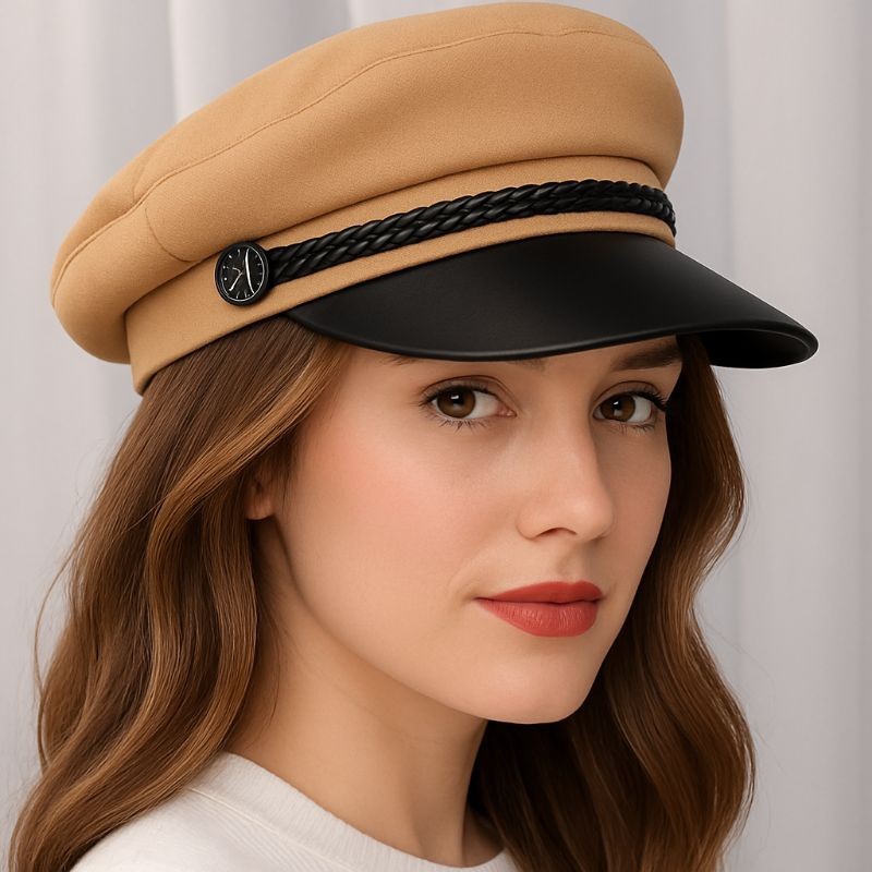 Boina Feminina BEGE modelo Cap Militar de Feltro com Aba Curta de Couro PU