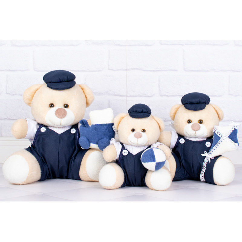 Trio de Ursos Pelúcia Tedde Macacão com Brinquedo Marinho Liso - Para Nichos e Decorações de Quarto Bebê Infantil