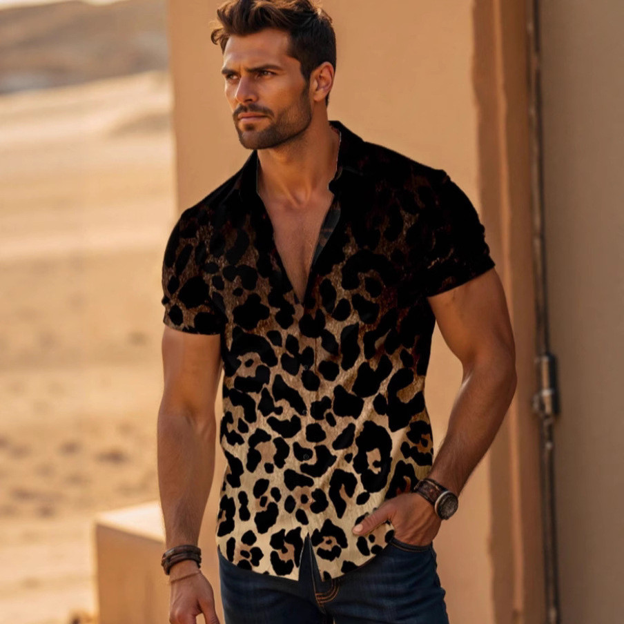 Camisa masculina de manga curta camisa de verão masculina de quatro lados elástico leopardo impressão mudança de luz cam