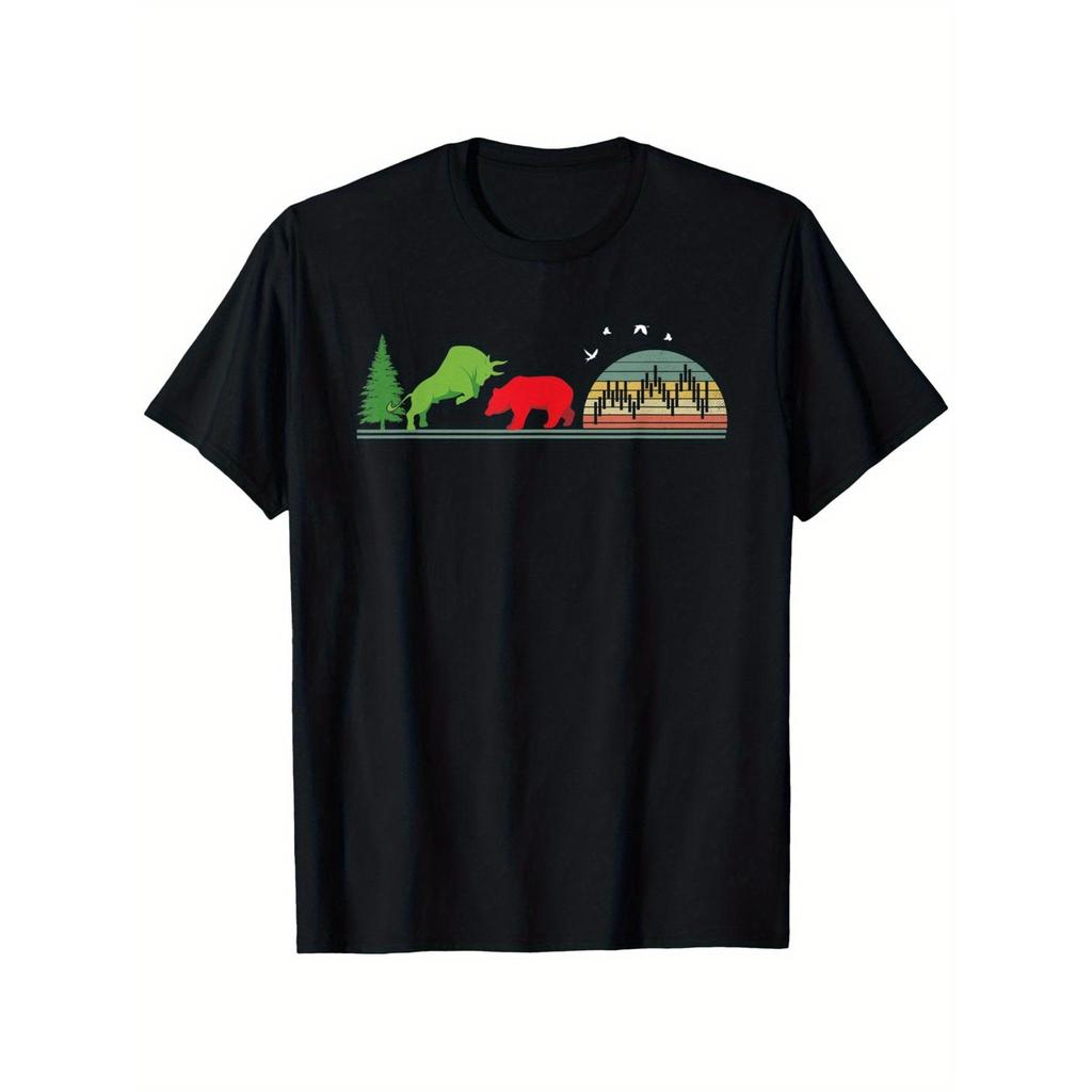 T-shirt Vintage Bull & Bear Trader - Gráfico Retro do Mercado de A??es com Design de Palmeira e P?r do Sol, Tecido Macio