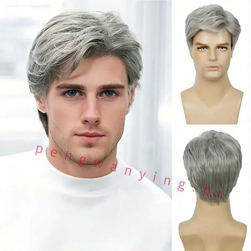 Peruca Masculina Curta e Fofa com Cabelo Grisalho, Peruca de Fibra Química, Peruca Chapelaria Masculina X7QO