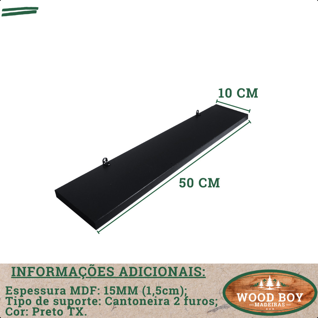 1 Prateleira Preta 50X10 Com Suporte Flutuante Mdf Organizadora Decoração Cozinha Quarto Banheiro — imagem 2 de 2