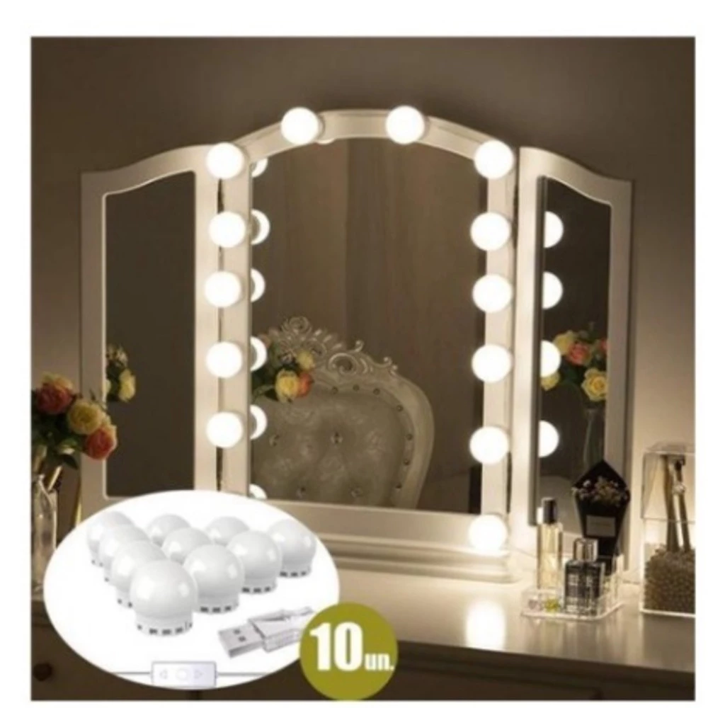 KIT Luz Camarim / Luz Para Espelho Com Adesivo Maquiagem Com 10 Lâmpadas 3 Níveis de Cores