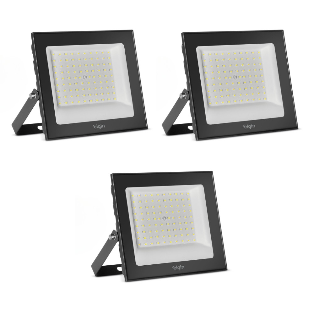 Kit 3 Refletor Led Holofote 200w Ip66 Bivolt Branco Frio Elgin Prova D'água