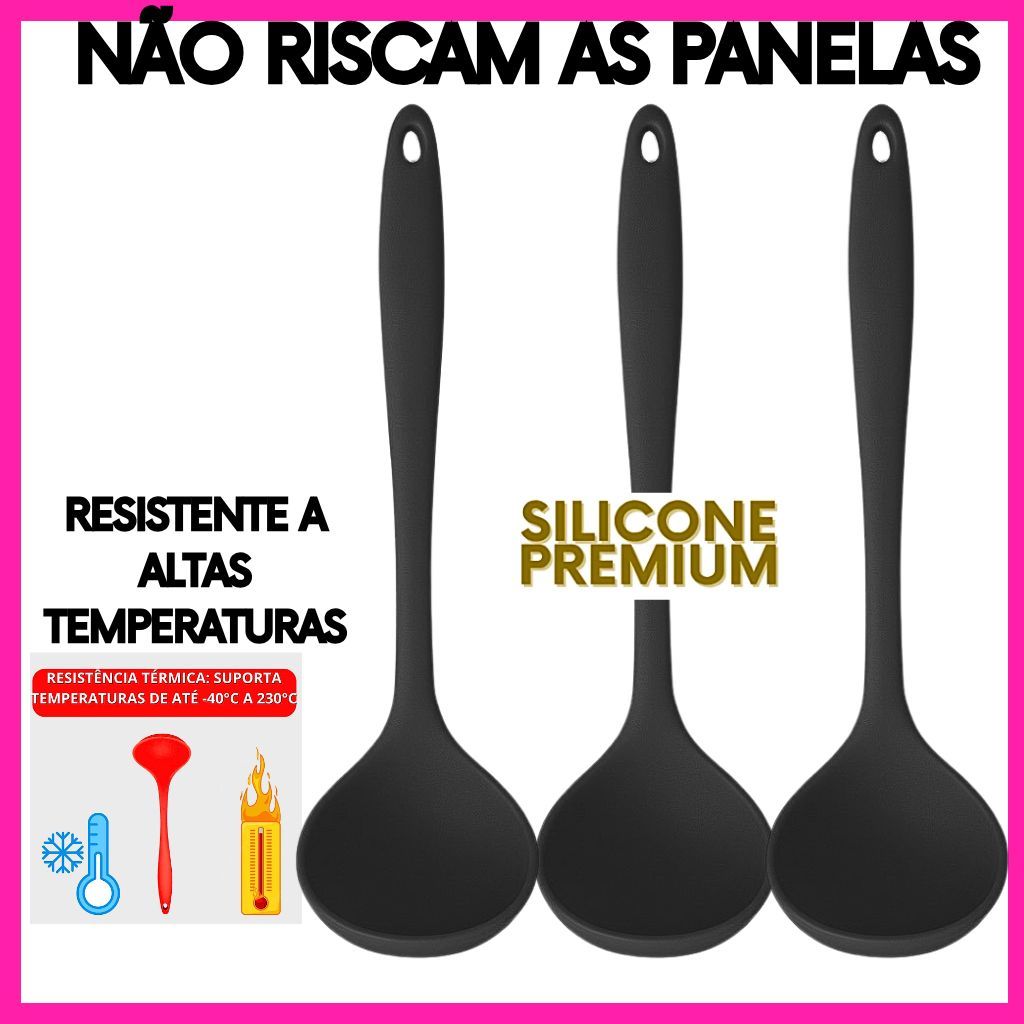 Concha de Silicone Premium Alta Temperatura Preta Utensílio de Cozinha 3 Unidades