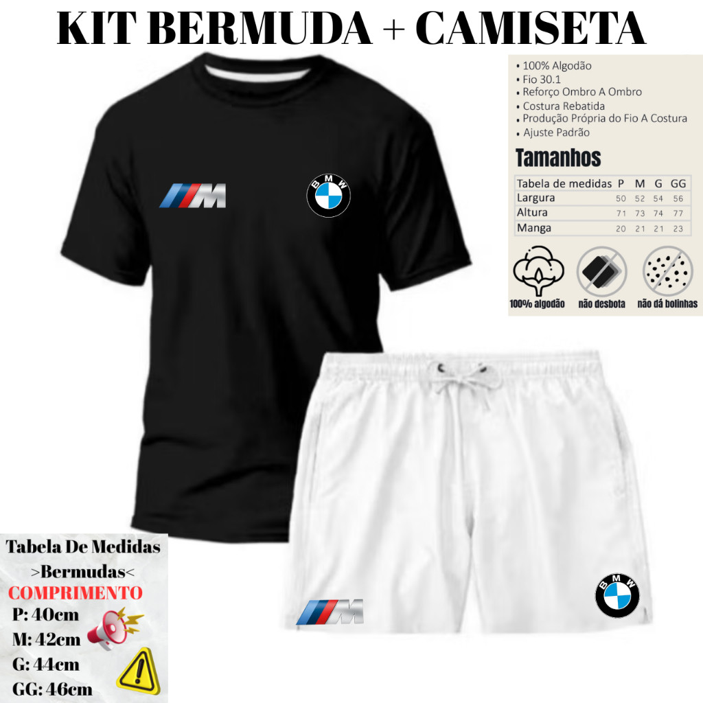 Conjunto Camisa + Short Masculino Premium Bmw Camiseta Algodão + Bermuda Tactel P ao GG BMW M