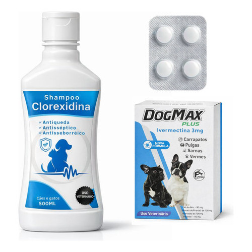 Kit Vermífugo Ivermectina 3mg + Shampoo Clorexidina para Cães Médios até 15kg pulgas carrapato Verme