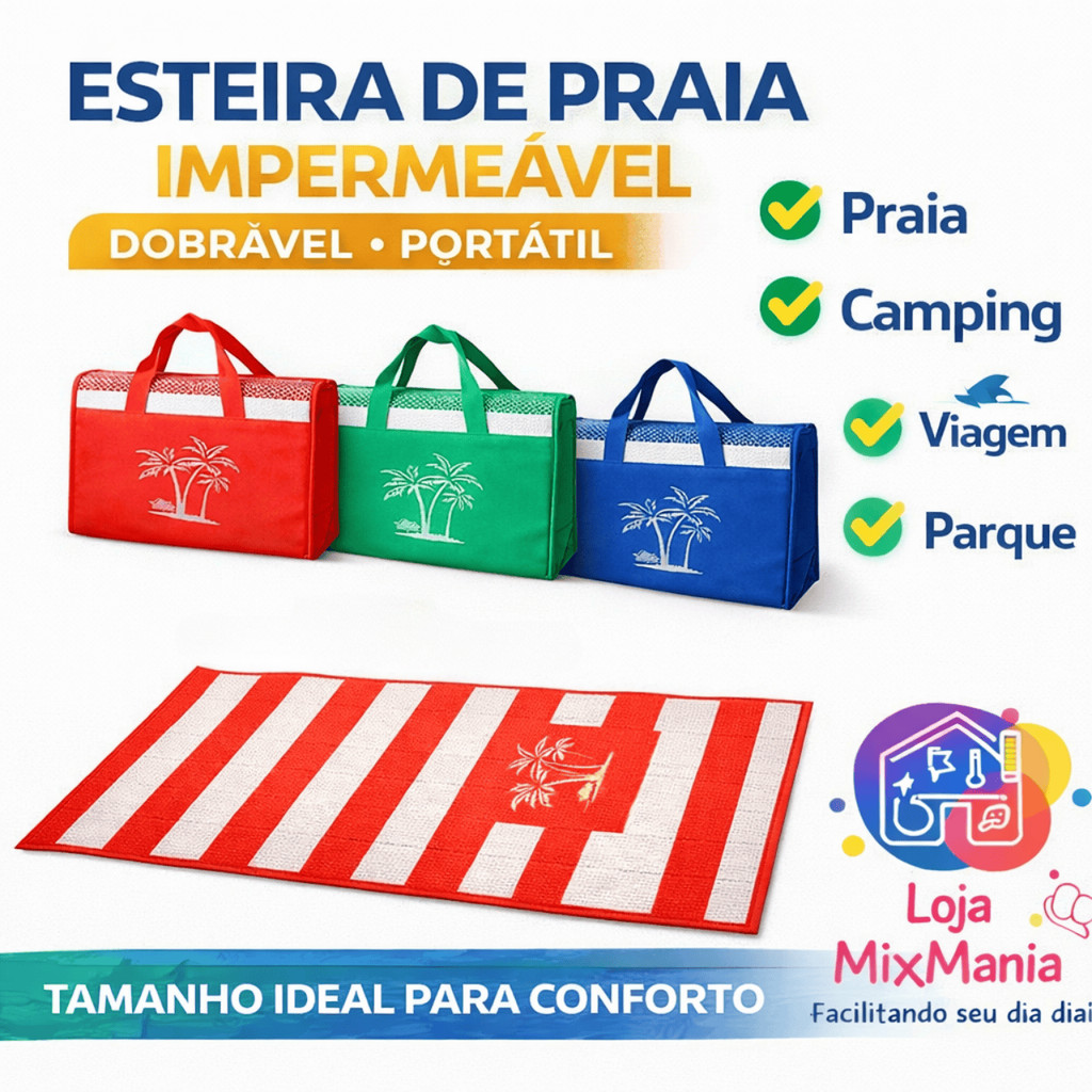 Esteira De Praia Impermeável Dobrável 90x170cm Vira Bolsa Portátil Leve