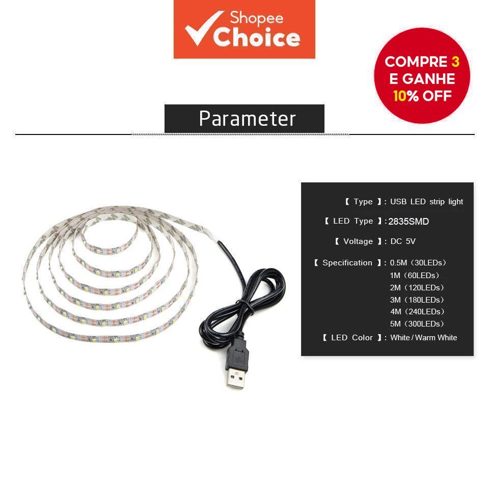 Fita LED USB 2835 – 5V, Branco/Branco Quente, Ideal para Decoração de Ambientes e Iluminação de Fundo para TV