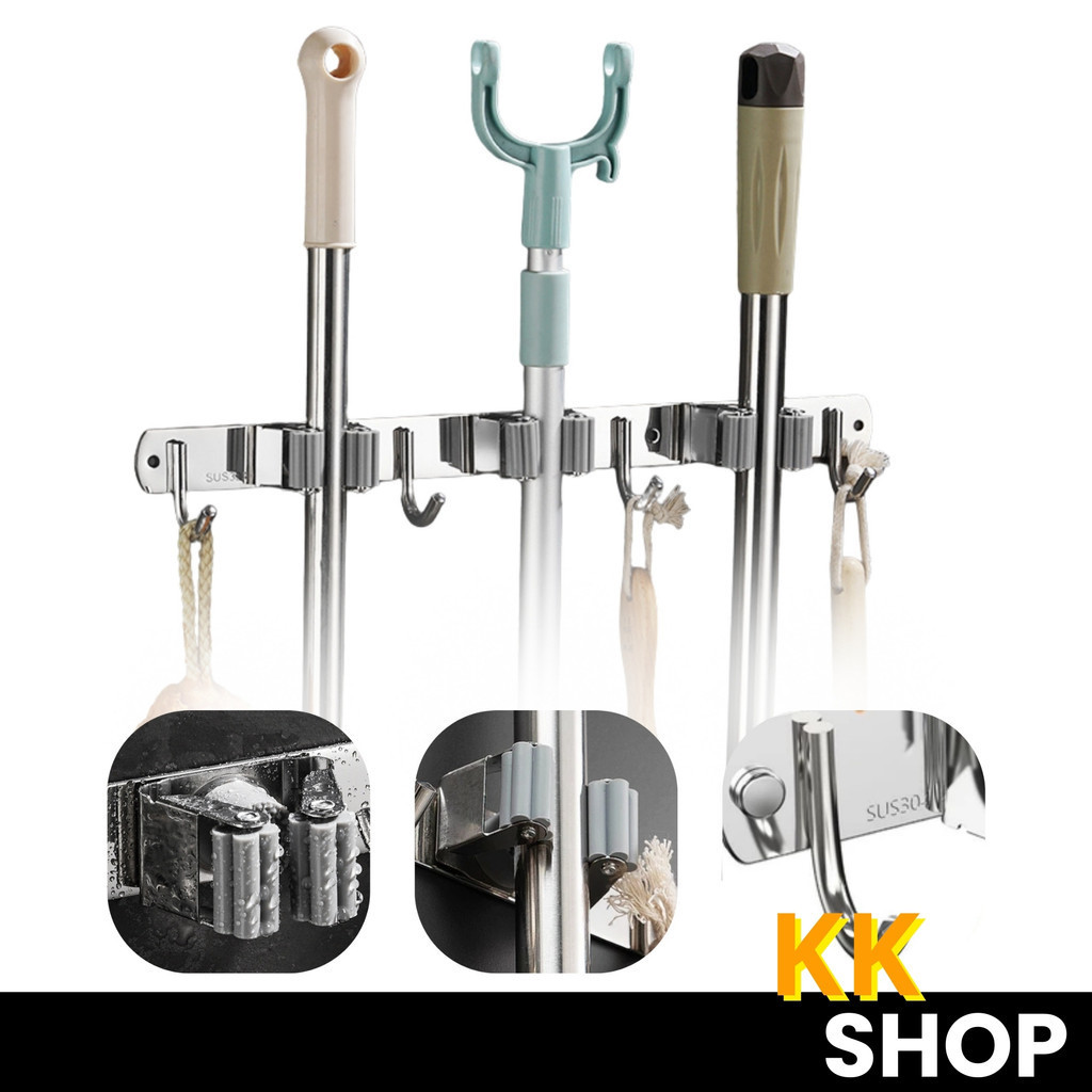 Suporte para Pendurar Vassouras, Rodos e Itens de Limpeza em Inox