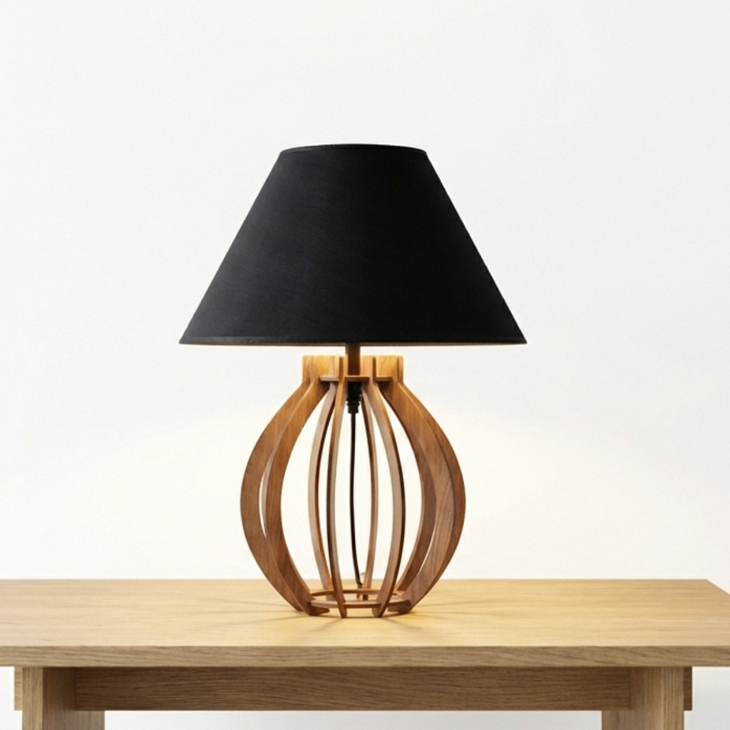Abajur de Mesa Bolinha Preto Madeira MDF Luminária Cabeceira Quarto Sala Decorativo Decoração