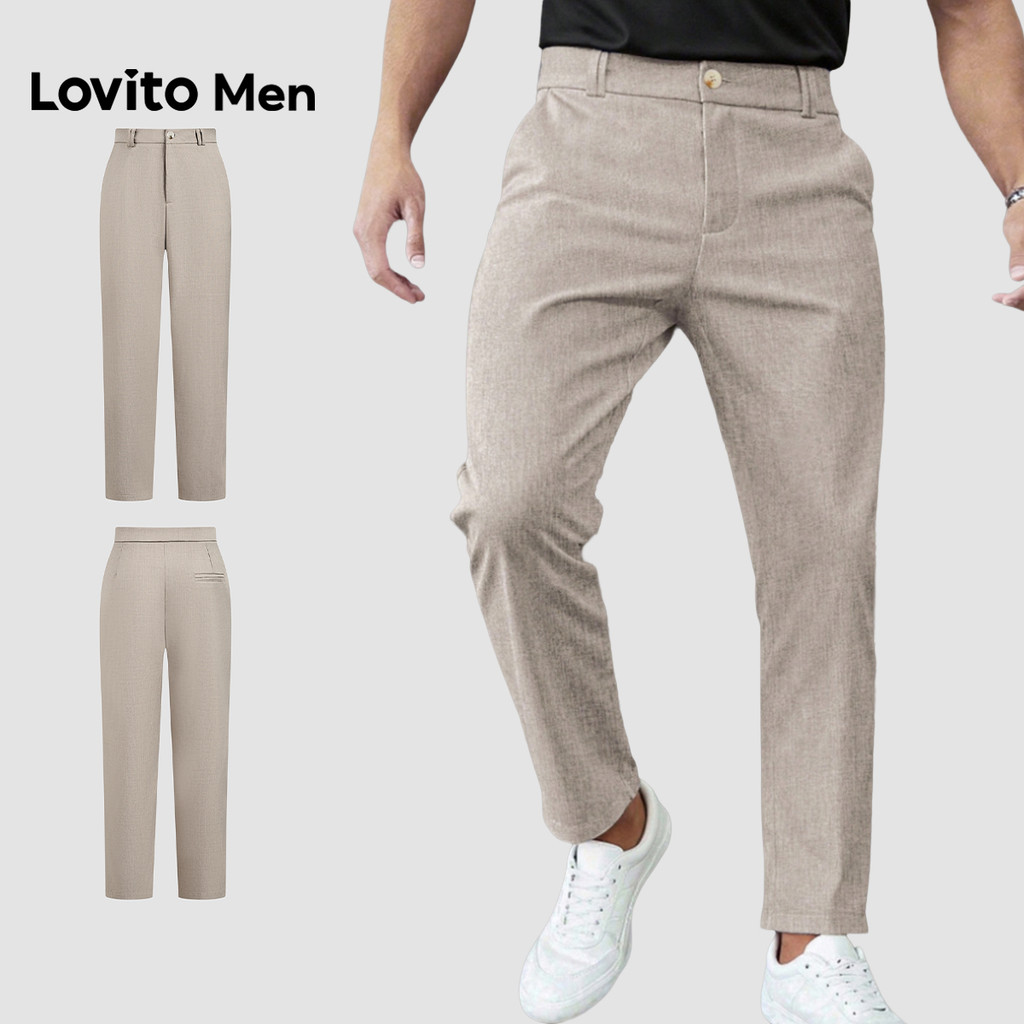Lovito Men Calça Casual Plissada com Bolso Primavera/verão Calça Cáqui para Homens L181ED024