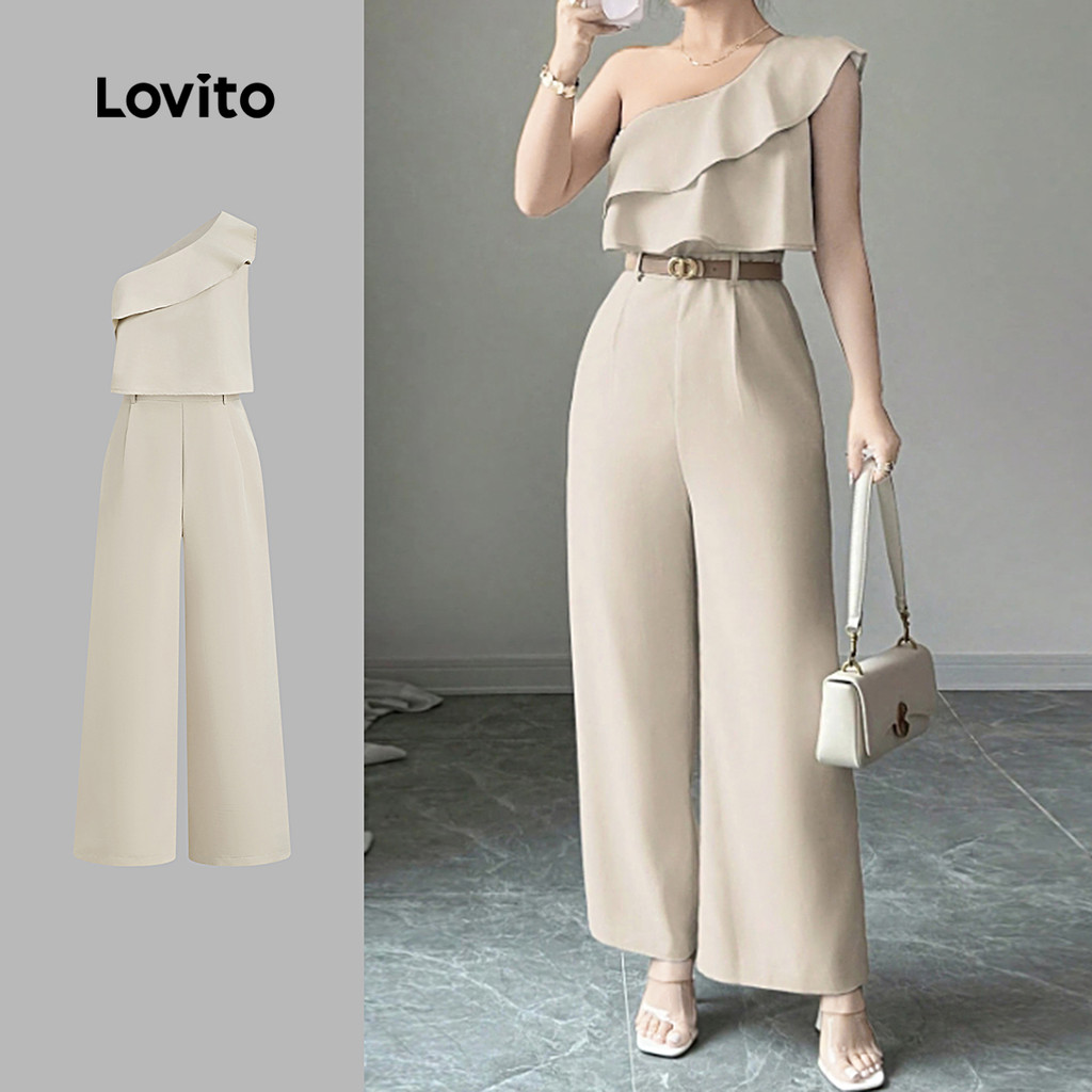 Lovito  Macacão Elegante Assimétrico Babado Dupla Camada Macacão Khaki Claro para Mulheres. L171AD042 em Oferta na Shopee