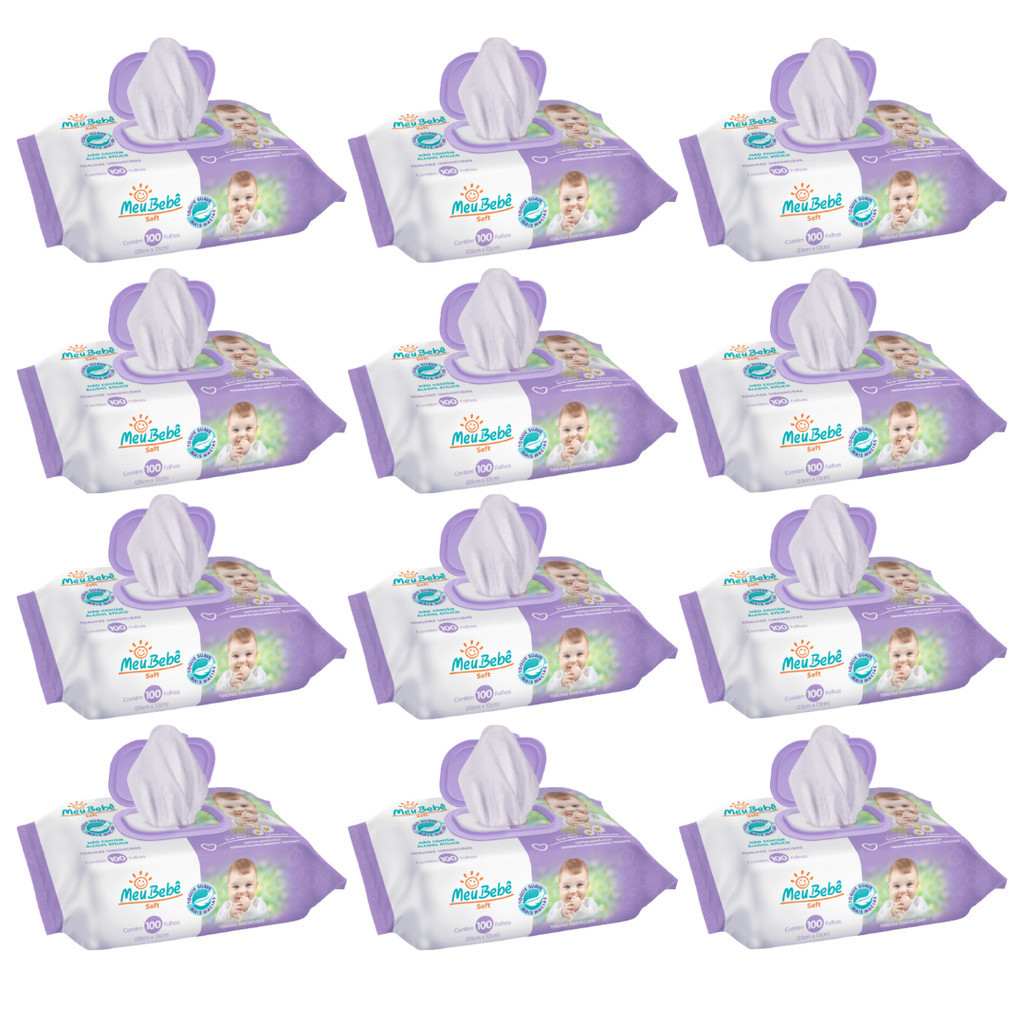 Kit Lenço/Toalha umedecida Meu Bebê Soft c/ 1200 unid. - 12 pacotes c/ 100 unid. Fleep top