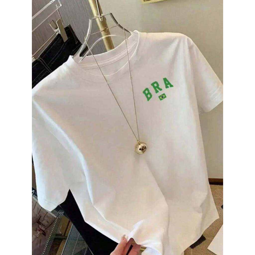 Camiseta Casual Feminina da Bandeira do Brasil - Estampa Dupla em Algodão