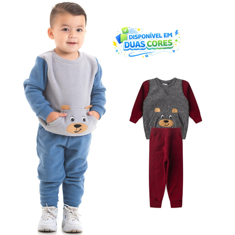 Conjunto Infantil Masculino Inverno Boucle Peluciado Casaco com Boldo e Bordado Interativo urso Calça Com Punho em Oferta na Shopee