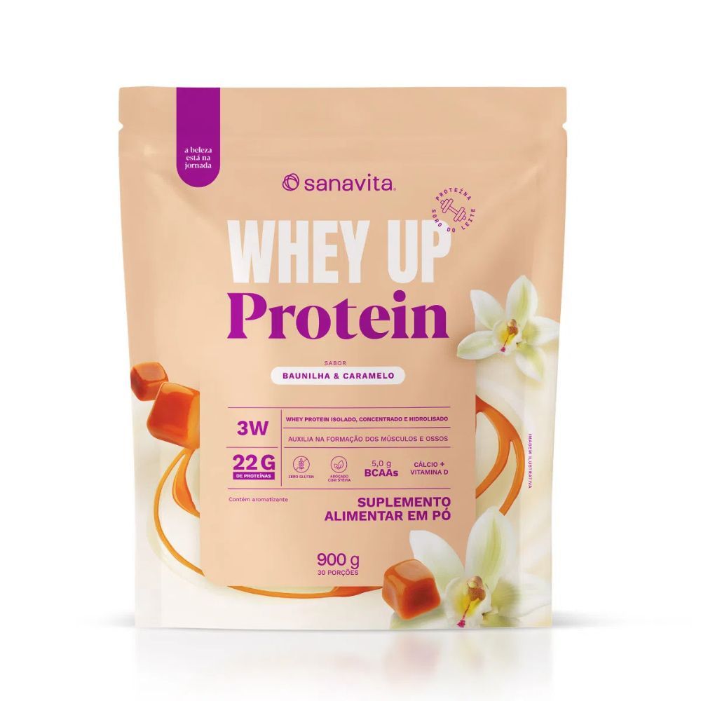 Whey Up Protein Sanavita 22g de Proteína sabor Baunilha e Caramelo 900g em Oferta na Shopee