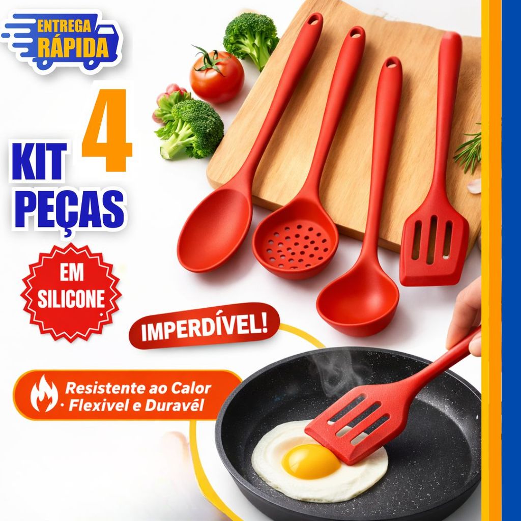 Kit 4 - Utensílios de Silicone Colher, Escumadeira, Concha+Espatula Para Cozinha 4 Peças Vermelho