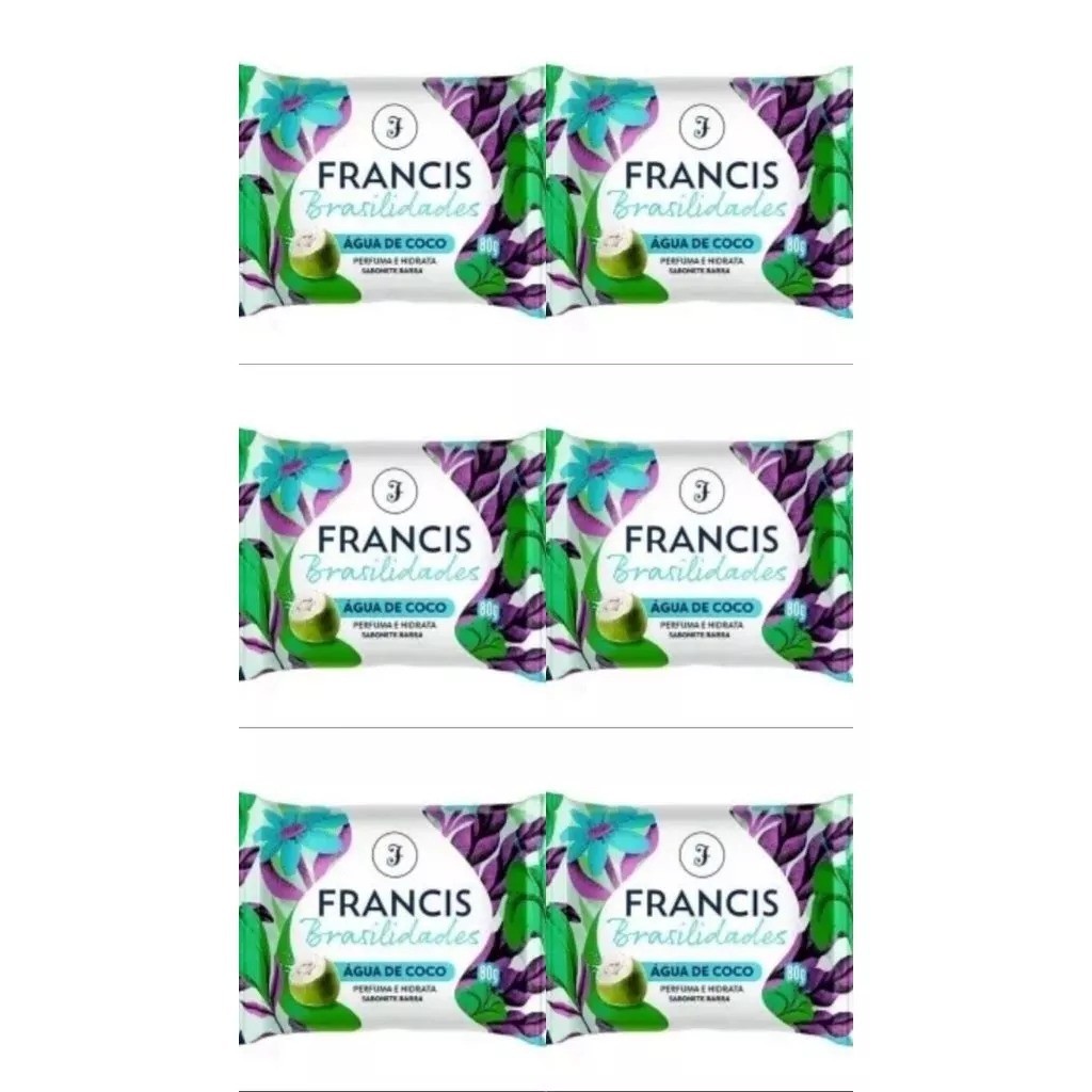 Kit com 6 Sabonetes em Barra Água de Coco Brasilidades Francis 80g.