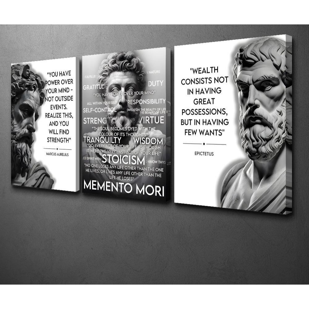 3 quadros sala quarto hall escritório Estóico Design Marcus Aurelius Epicteto Citações Filosóficas estoicismo filosofia