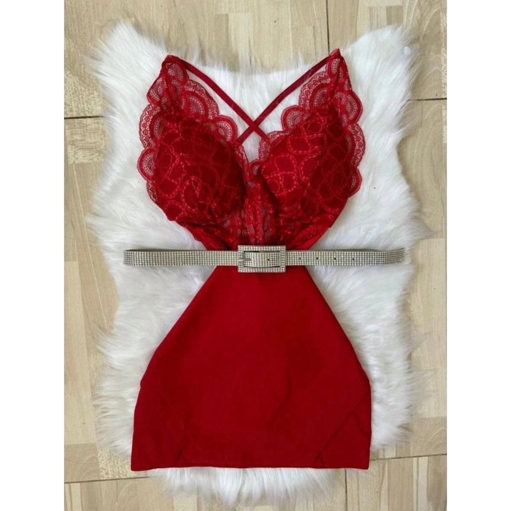 Conjunto Feminino Body Renda Guipir e Short Saia Bengaline