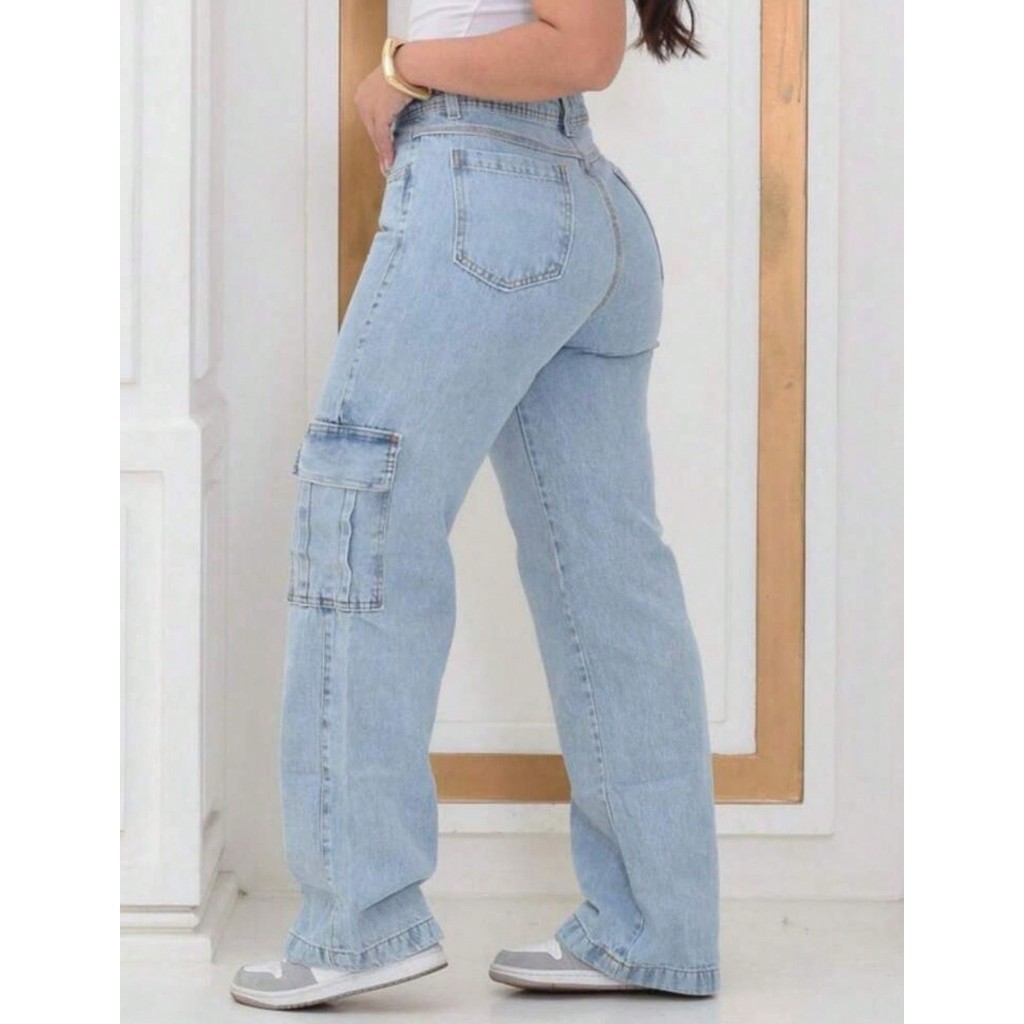Detalhes do Calça Jeans Cargo Wide Leg Premium Confortavel Tendencia