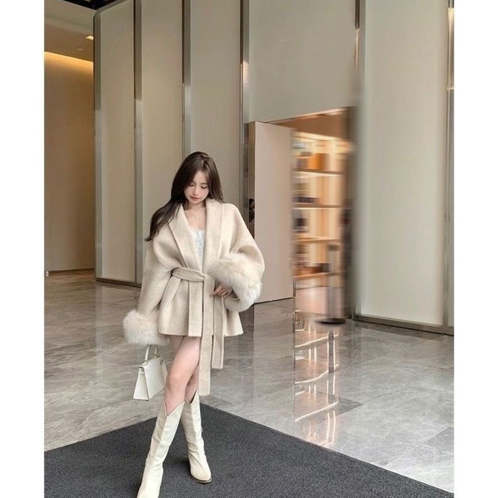 Atacado estilo comércio exterior jaqueta de manga de pele cintura estreita outono rendas jaqueta de lã curto High-End da