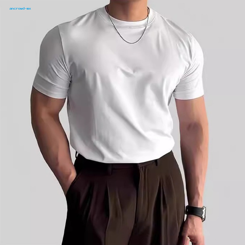 Men O-neck T-shirt Stylish Top Men's Casual Short Sleeve Solid Color Basic Tee Summer Muscle Fit Gym Sports Travel Daily