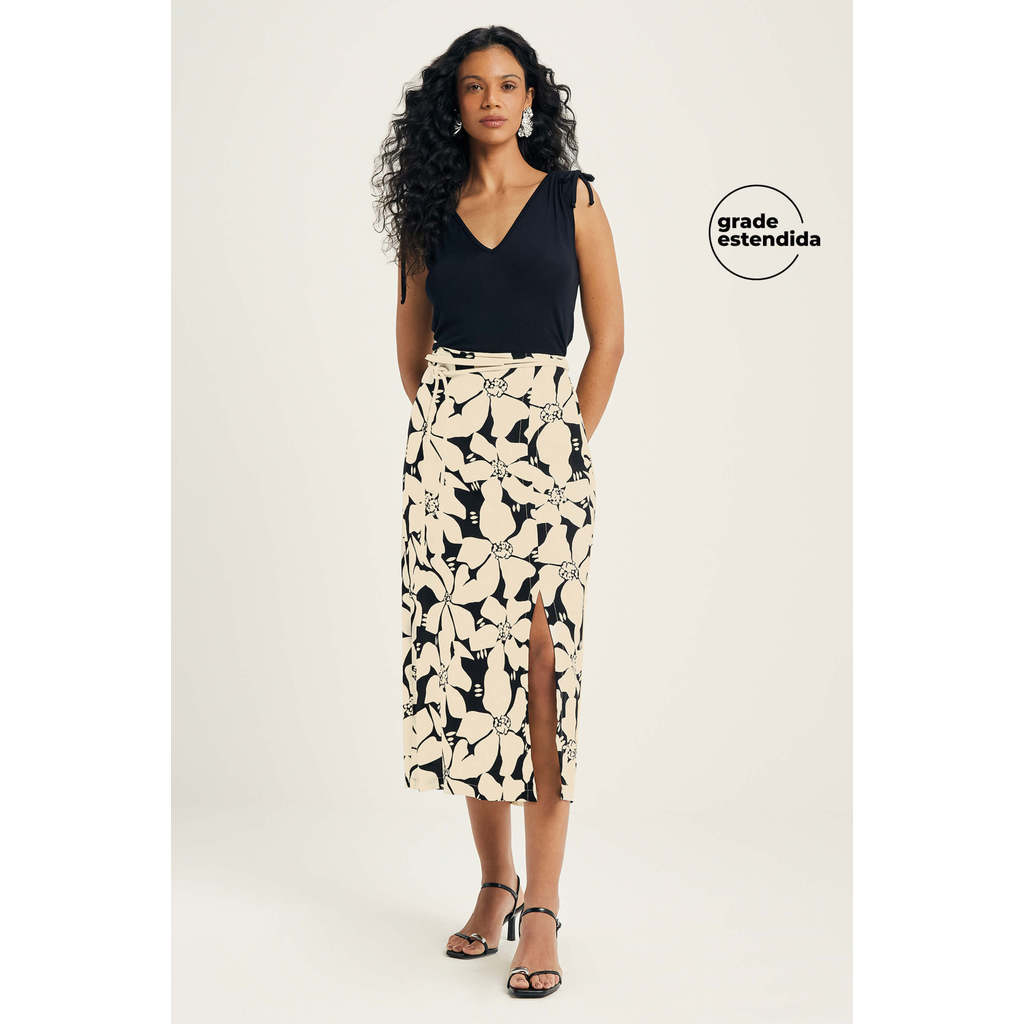 Saia Feminina Midi Floral Com Fenda Marialícia Amarelo em Oferta na Shopee