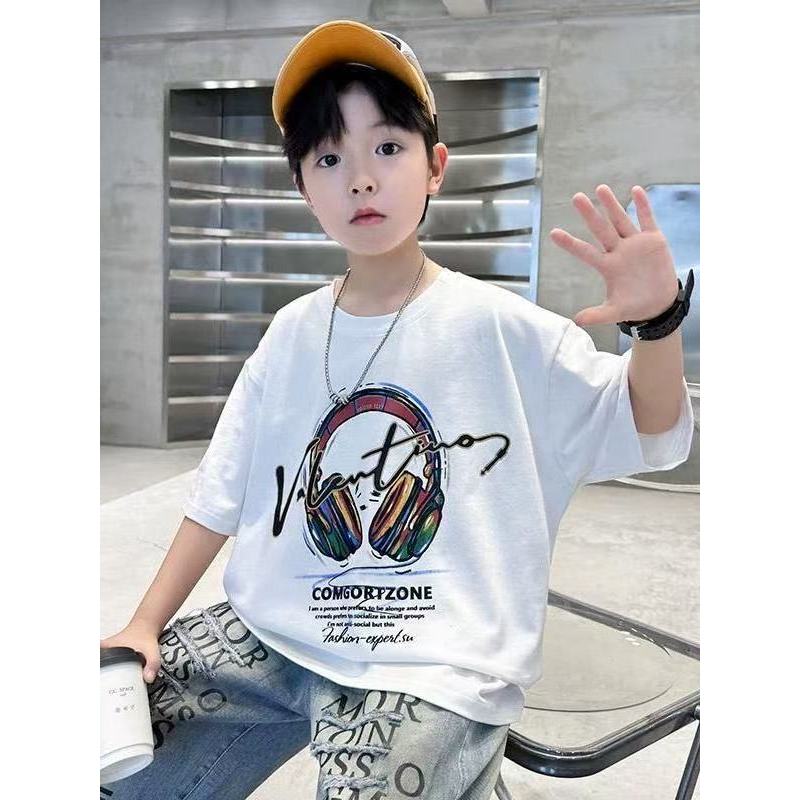 Crianças camiseta de manga curta 2025 novo estilo menino padrão impresso verão branco médio grande crianças puro algodão