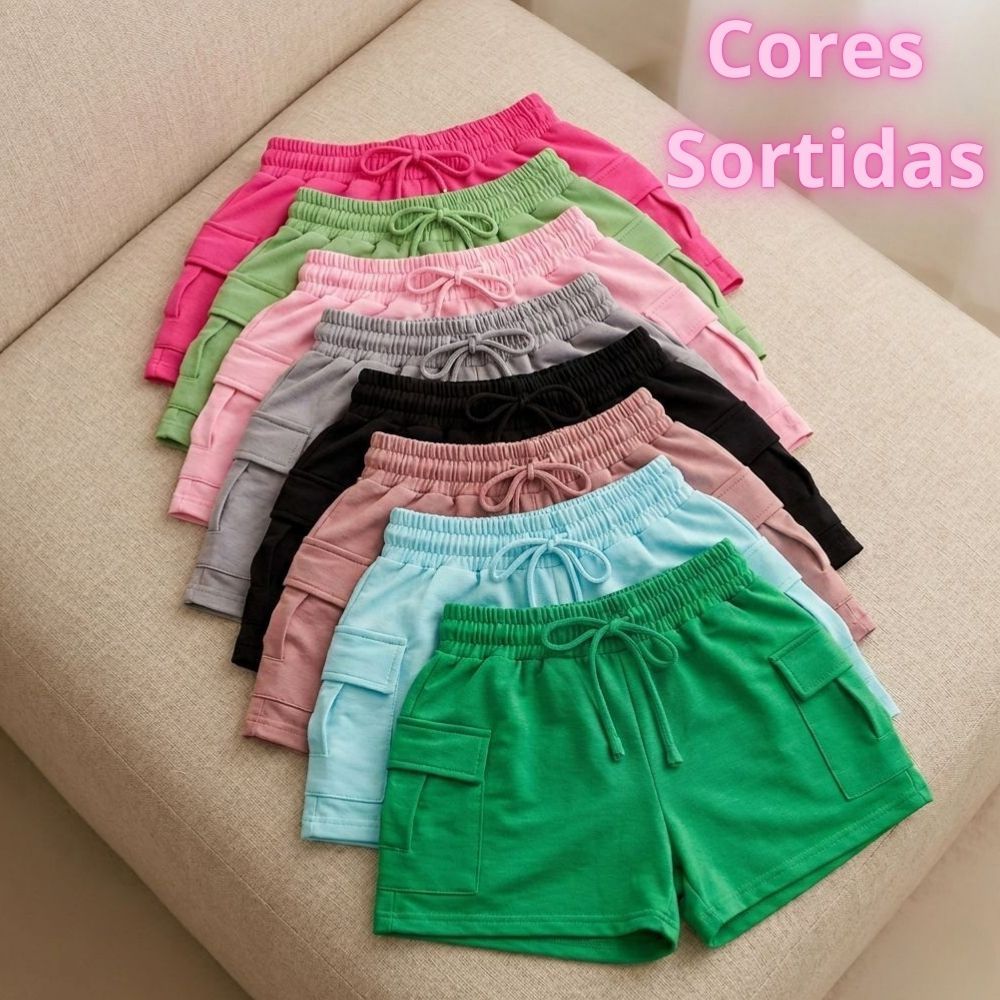 Kit Shorts Cargo Feminino Moletinho Moderno Com 1/2/3/4 Bolso Funcional Casual Despojado Confortável Bermuda Tendência