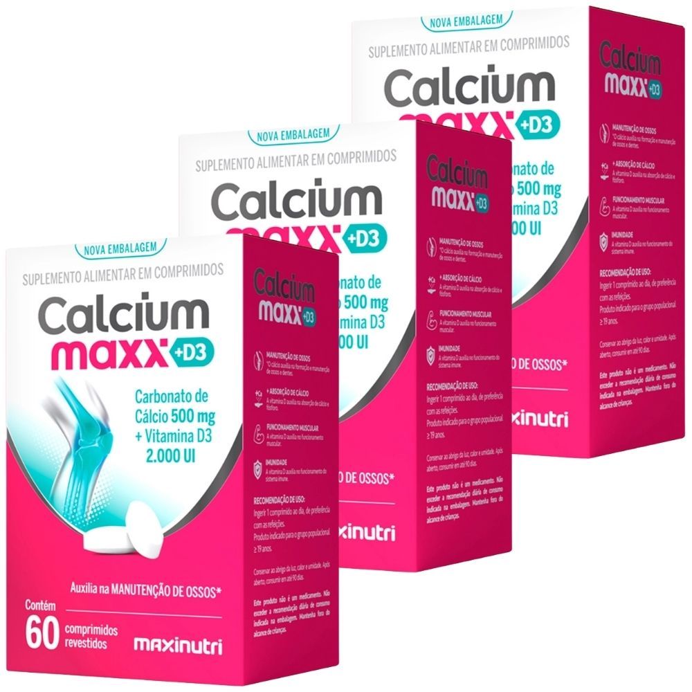 KIT 3X CALCIUM MAXX D3 ( Carbonato de Cálcio + Vitamina D3) 60 comprimidos - Maxinutri