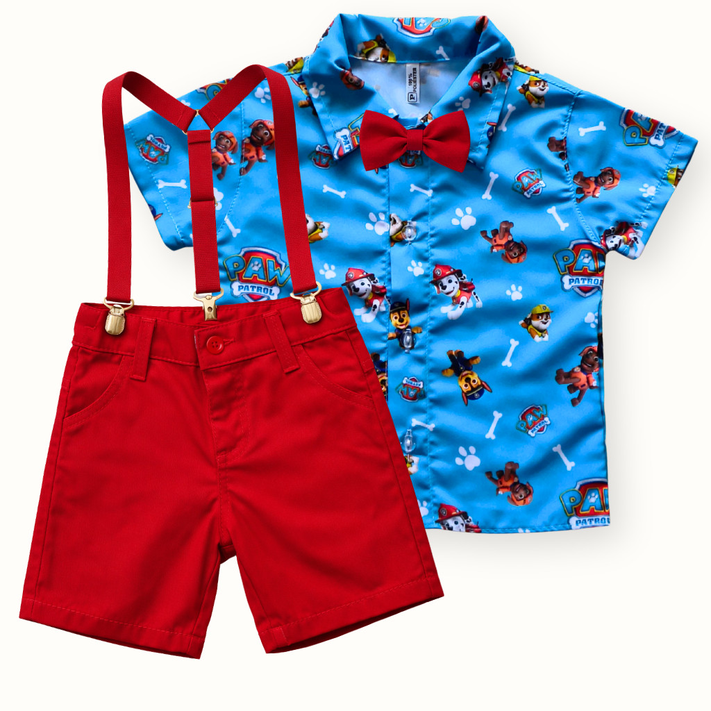 Conjunto Patrulha Canina Infantil Look Festa, Aniversário e Mesversário Roupa Temática Menino com Suspensório e Gravata