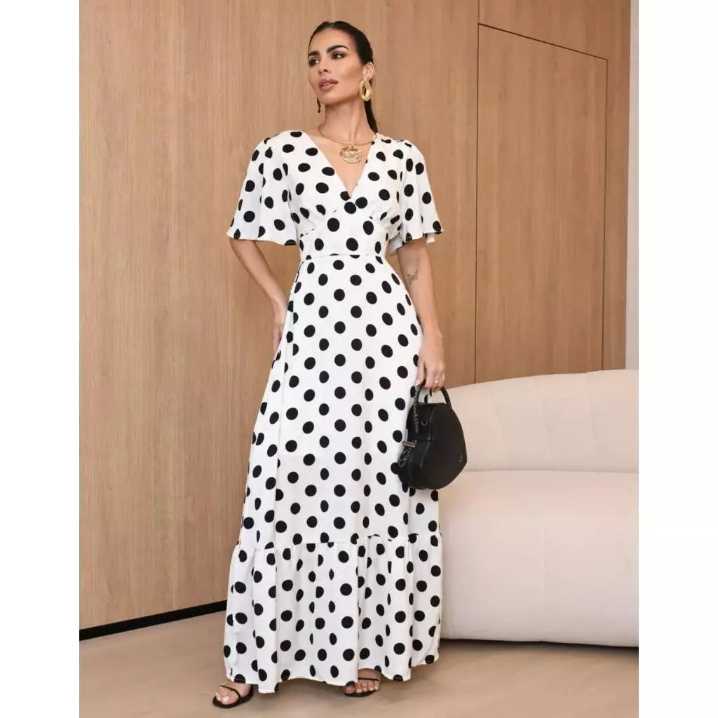 Vestido Feminino Longo Soltinho Manga Flare Póa Bolinhas Casual Elegante — imagem 1