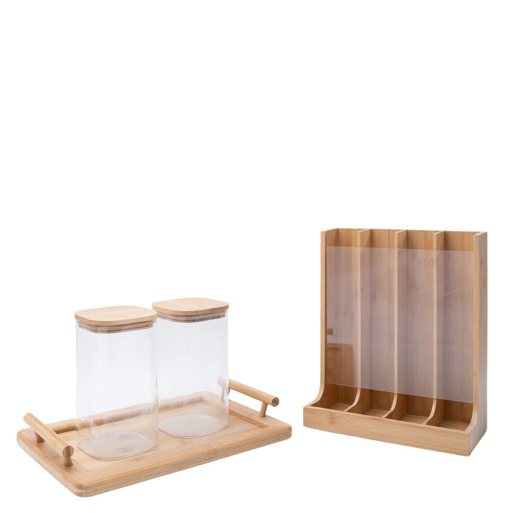 Kit 2 Potes com Tampa de Bambu 1,4l, Porta Cápsulas E Bandeja Retangular com Alç