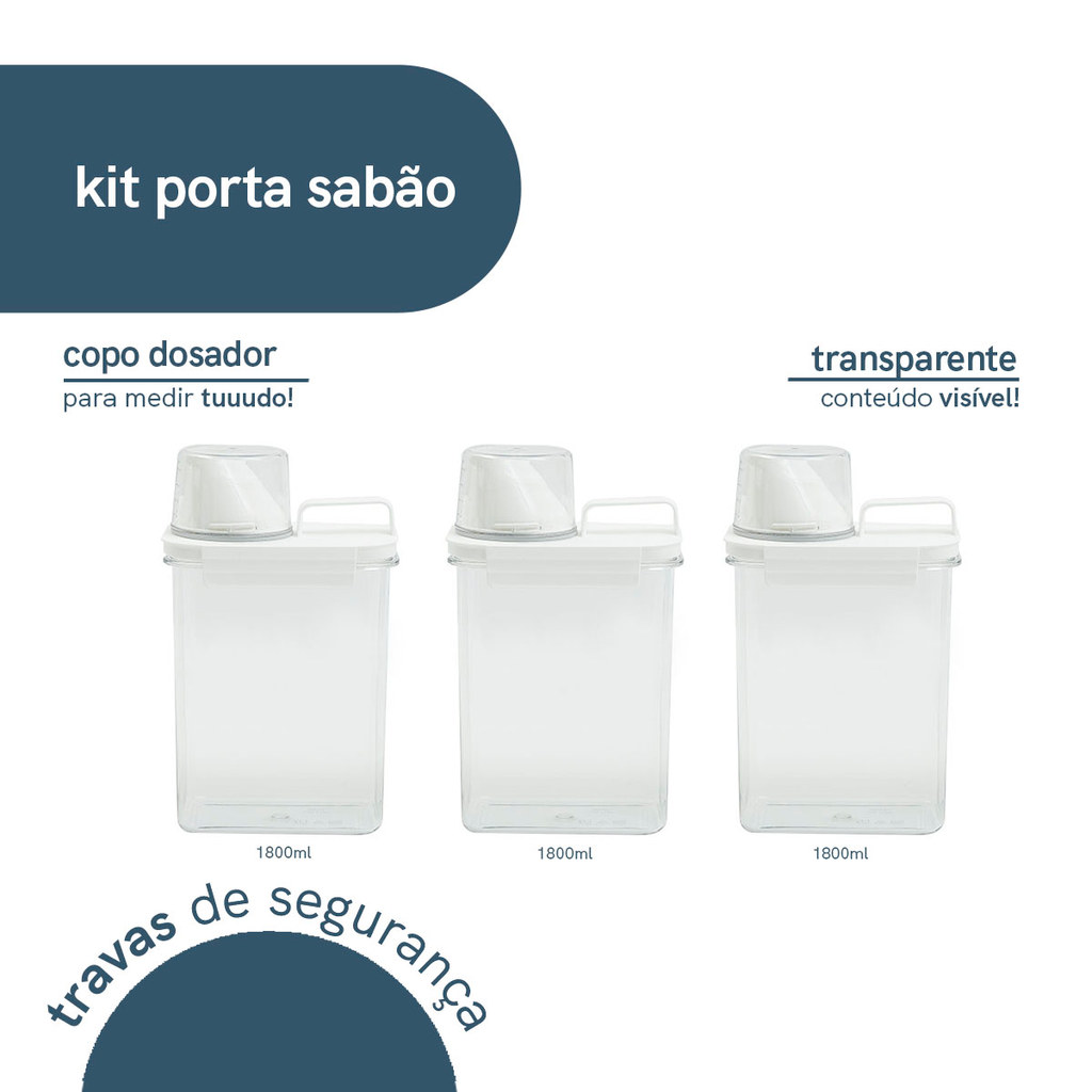Kit de 3 porta sabão em pó 1,8L com copo dosador e travas de lavanderia - Oikos · foto 2