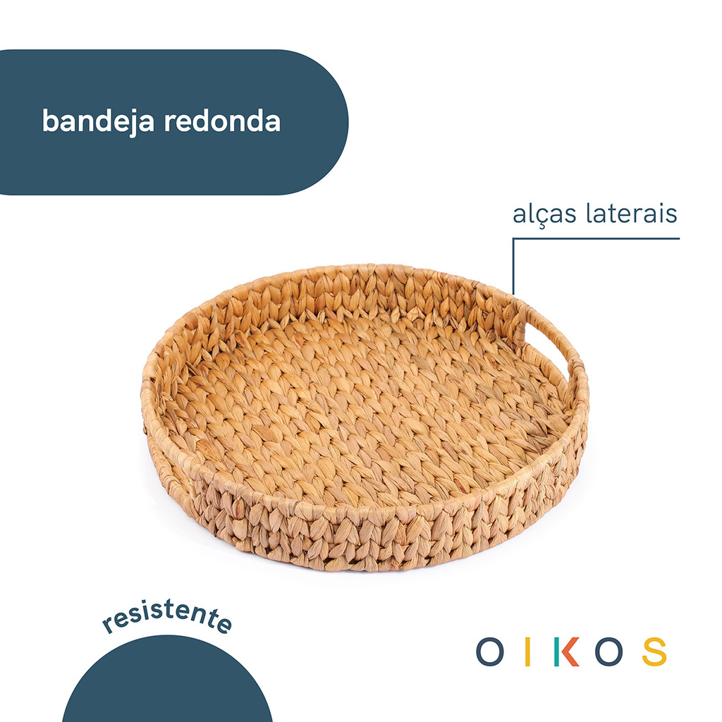 bandeja decorativa 38cm redonda com alças de palha fibra natural - Oikos — imagem 2 de 2