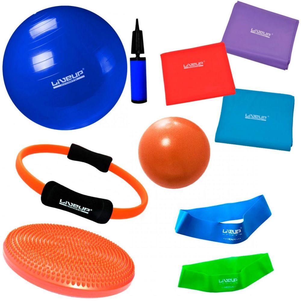 Kit 3 Faixas Elásticas + Bola 65 cm + Mini Bomba + 2 Mini Bands + Overball + Arco e Disco