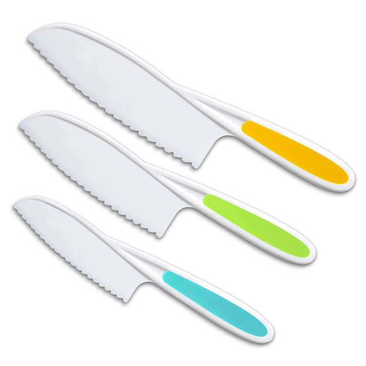Novo estilo de cozinha faca infantil conjunto de três peças bolo infantil frutas vegetais cortador conjunto prateleira p