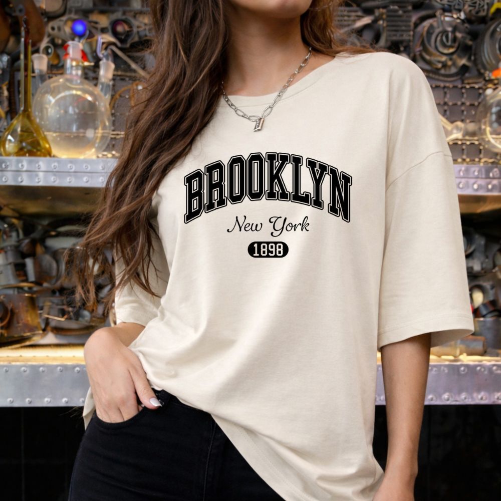 Camiseta Oversized Feminina Brooklyn Streetwear Estilo Americano Algodão Premium Estampada Moda Urbana