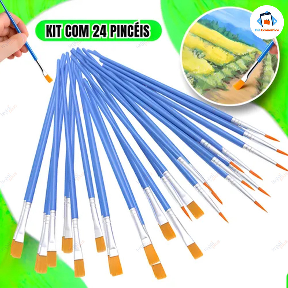 Kit12/24 Pincel Nylon Prof Cerdas Macias Não Solta Pelo p/ Acrílica Guache Aquarela Artesanato Fina Detalhe