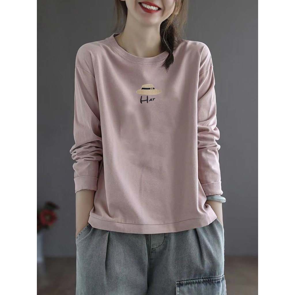 Etiqueta de corte de exportação de comércio exterior 100% algodão de manga comprida feminina impressa camiseta primavera